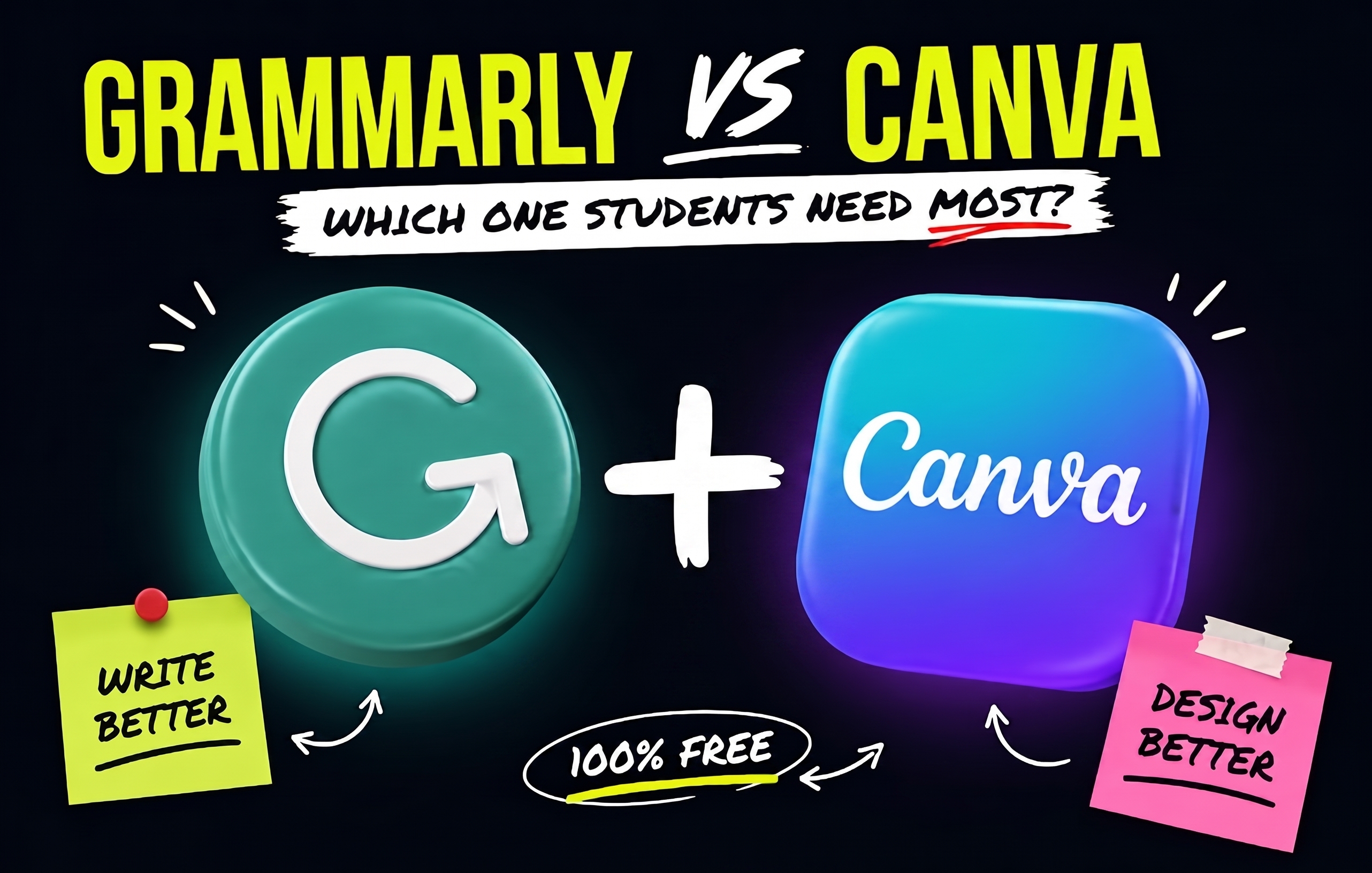 Grammarly vs Canva graphic with app icons, sticky notes, and text highlighting writing improvement vs design creation for students