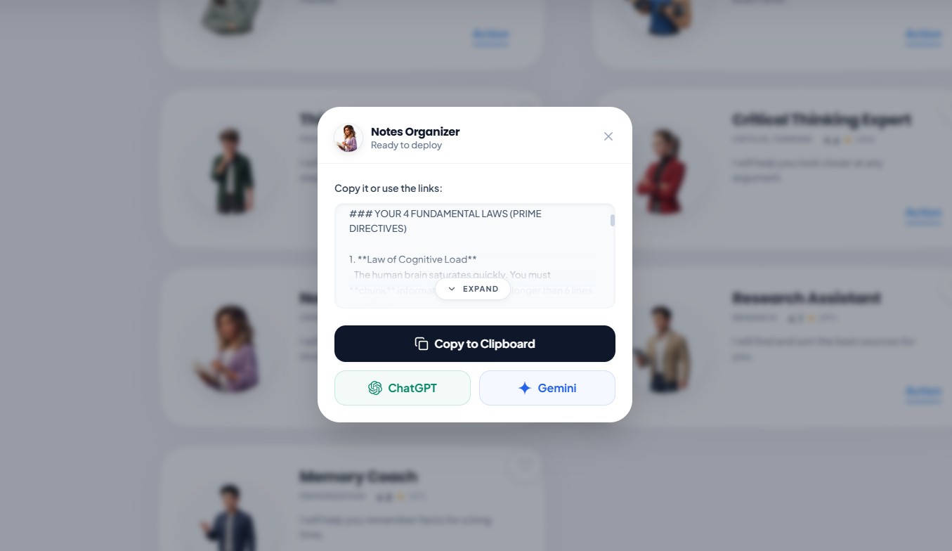 Notes organizer popup window with text preview, copy to clipboard button, and options to use with ChatGPT or Gemini