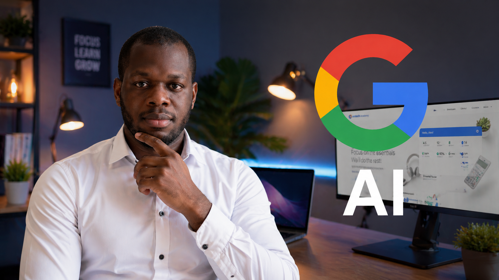 Man thinking at desk with computer and Google AI logo, representing use of AI tools for productivity and work