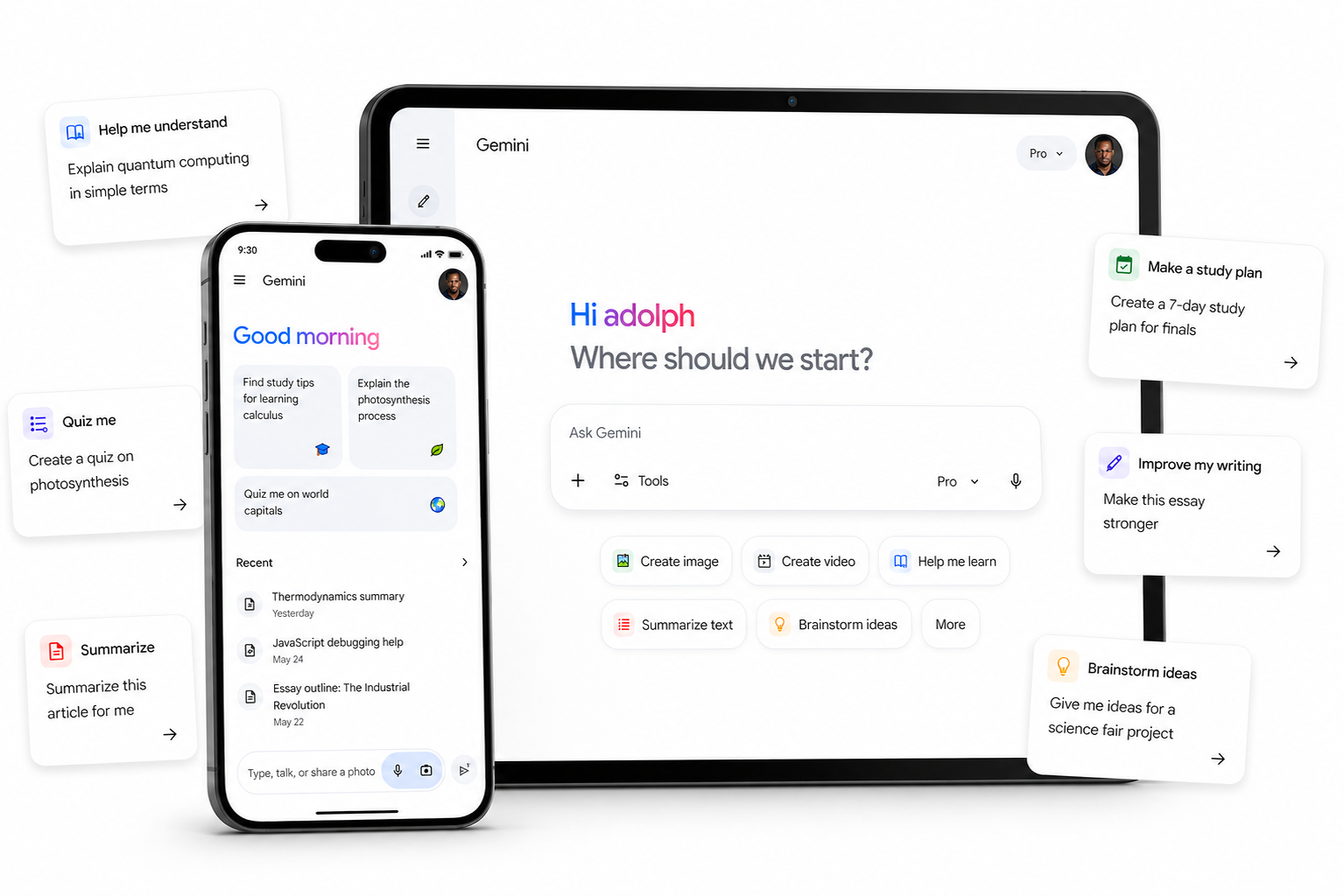 Gemini AI interface on tablet and smartphone with study prompts, tools, and cards for summarizing, quizzes, writing help, and brainstorming