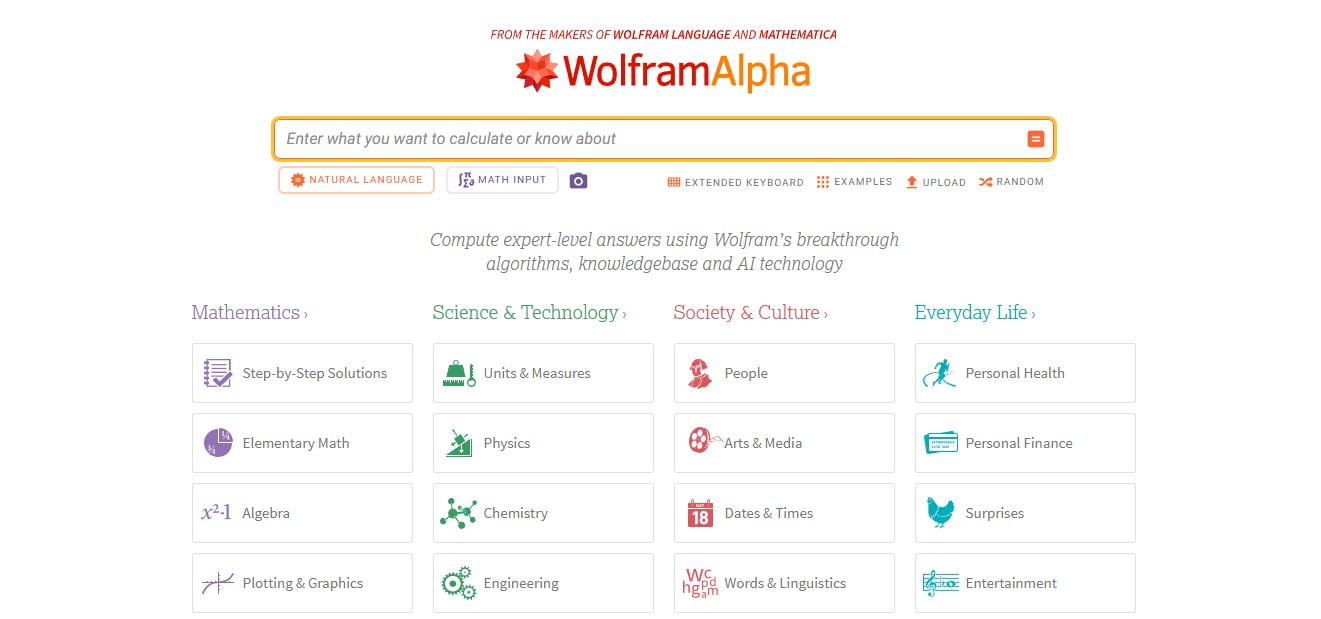 WolframAlpha homepage with search bar, category tiles for math, science, and everyday topics, and tools for step-by-step calculations